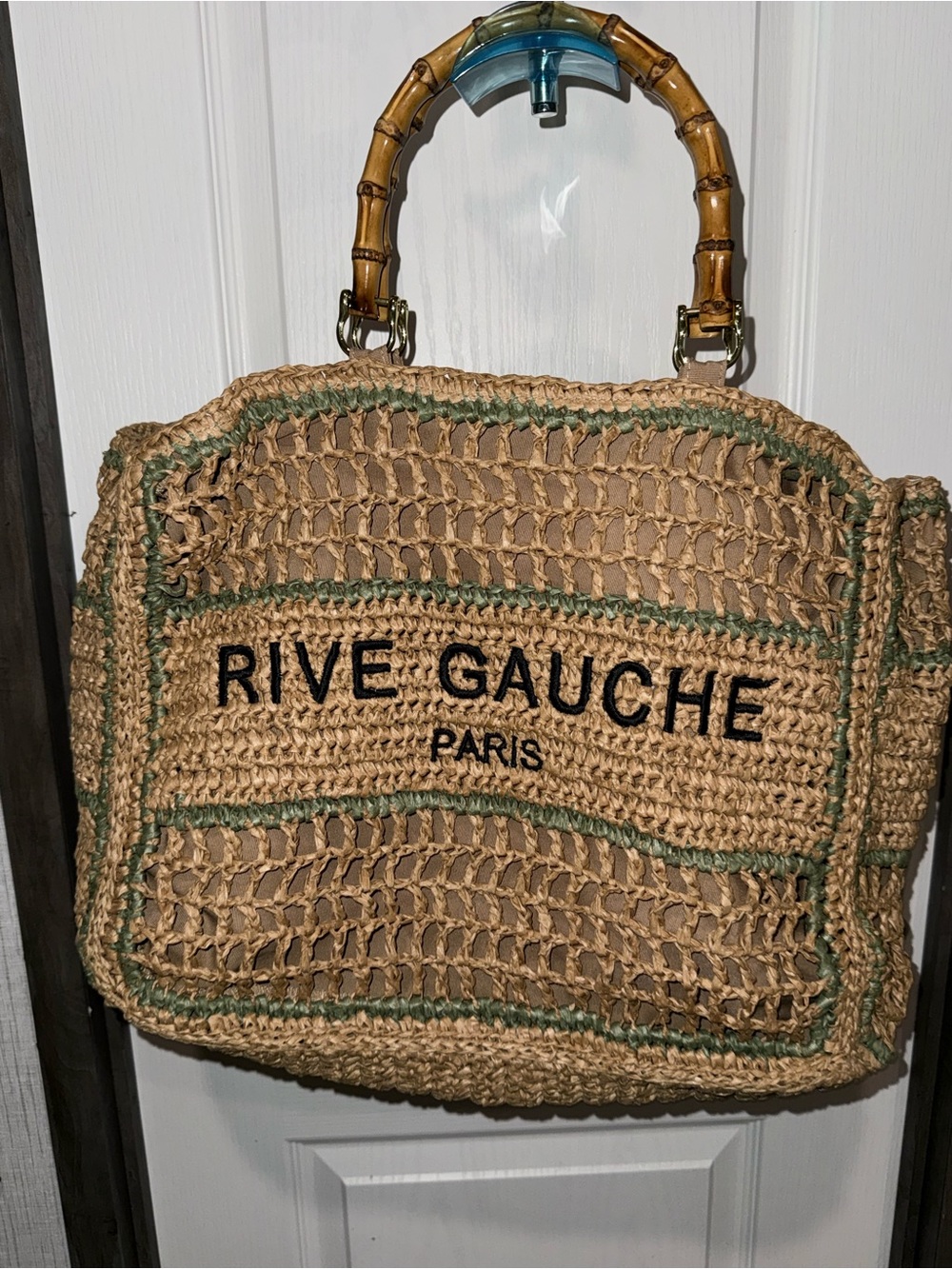 Woven Straw Tote Bag with Bamboo Handles - Natural